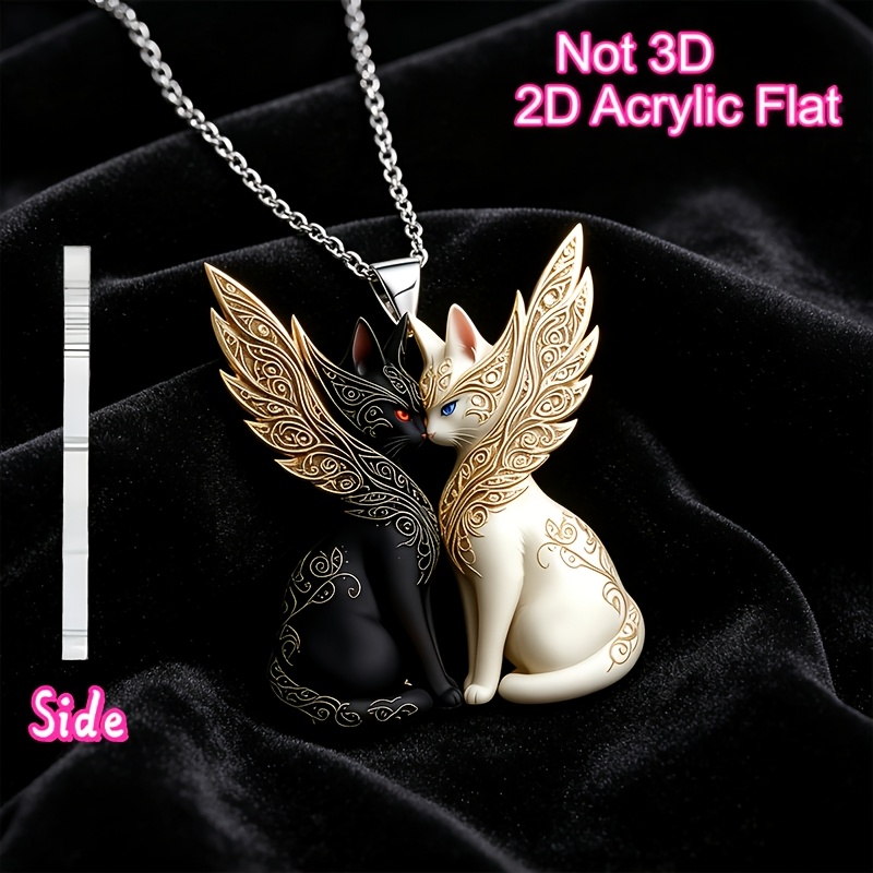 2D Flat Fashionable Cute Black and White Winged Cat Necklace Pendant